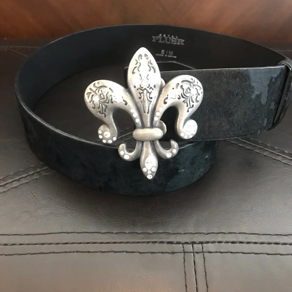 Royal Plush Fleur De Lis Swarovski Belt Buckle w/ Leather & Calf hair Belt Loop.